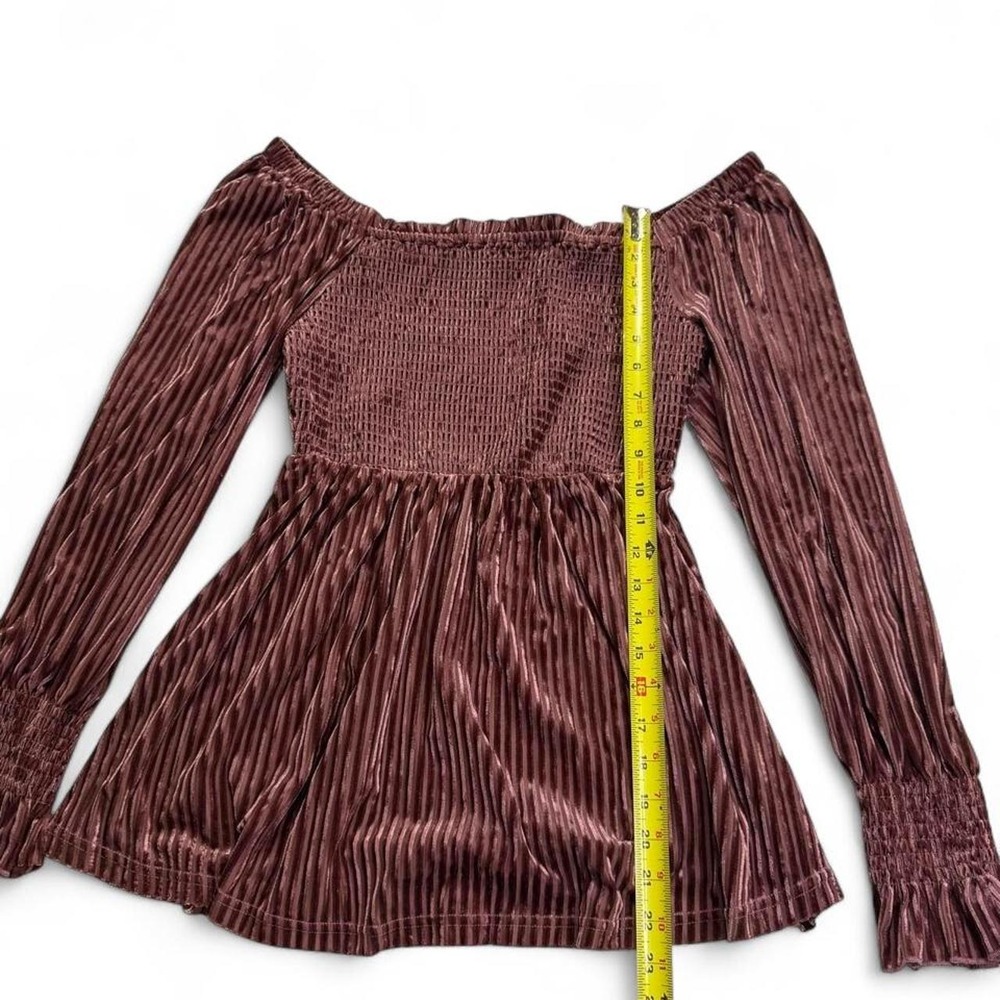 Mauve Pink Velvet Ribbed Off Shoulder Top Smocked Babydoll Blouse - Picture 2 of 3